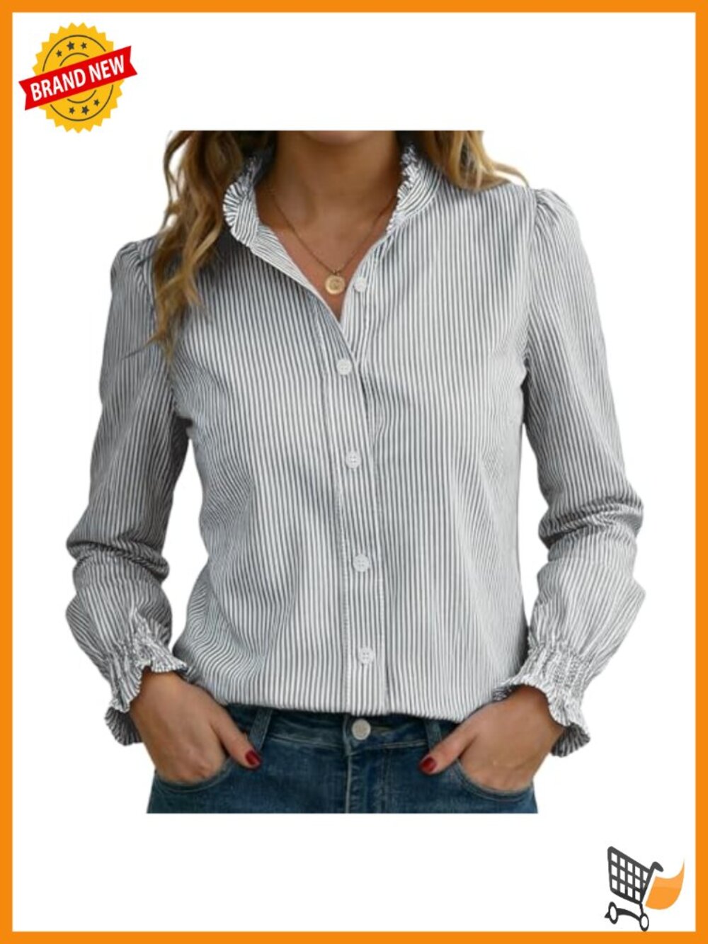 Women's Striped Button Down Shirt Long Sleeve Smocked Ruffle Collar Blouse